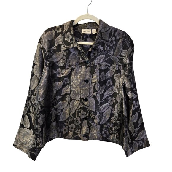 Chico's Silk Blend Jacquard Button Front Metallic Jacket Size Chico's 2/Large - Picture 1 of 7